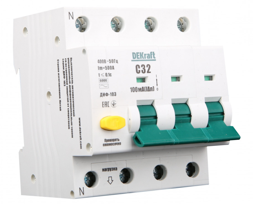 Дифференциальный автомат  3П+N  25А   30мА  DEKraft  тип A  характеристика С  АВДТ  ДИФ-103  6кА
